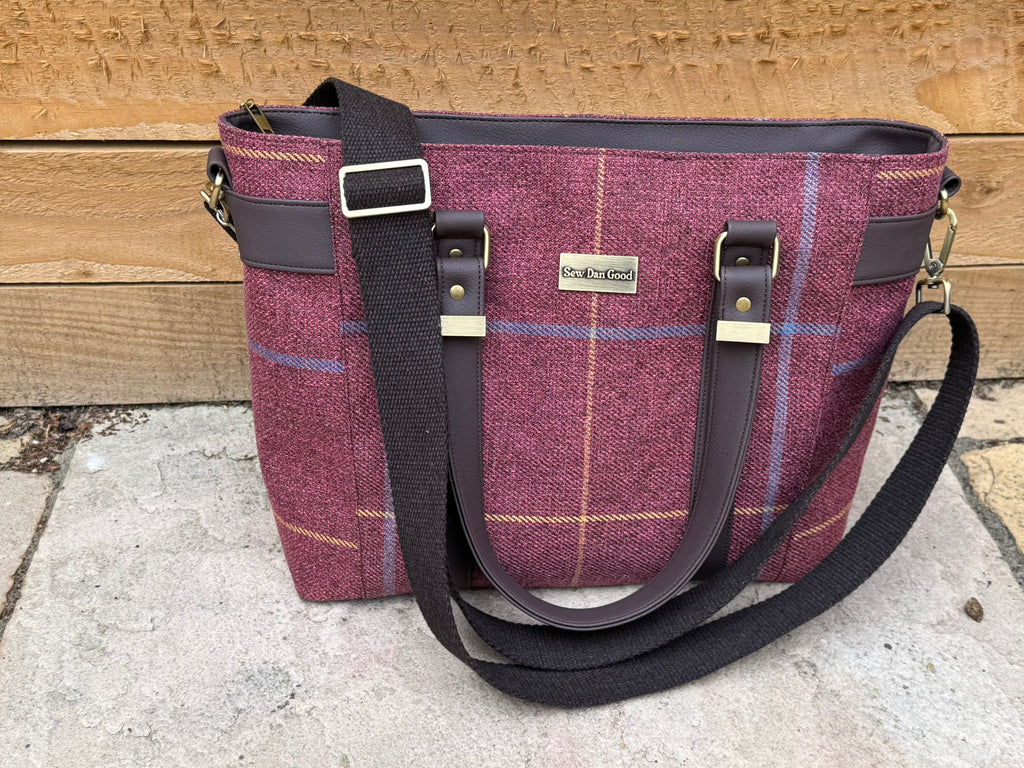 Handmade Burgundy Checked Tote Bag with Crossbody Strap