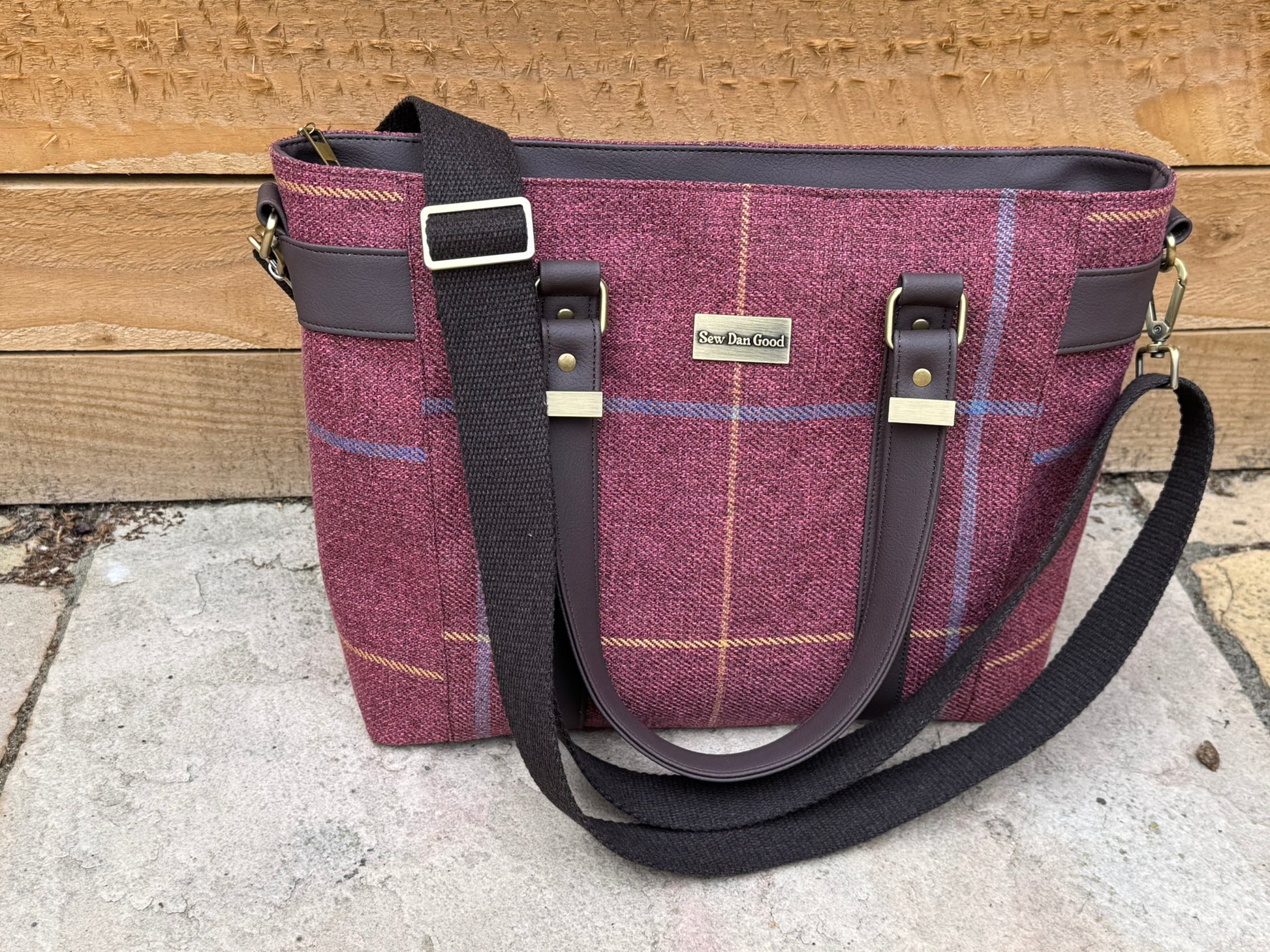 Handmade Burgundy Checked Tote Bag with Crossbody Strap