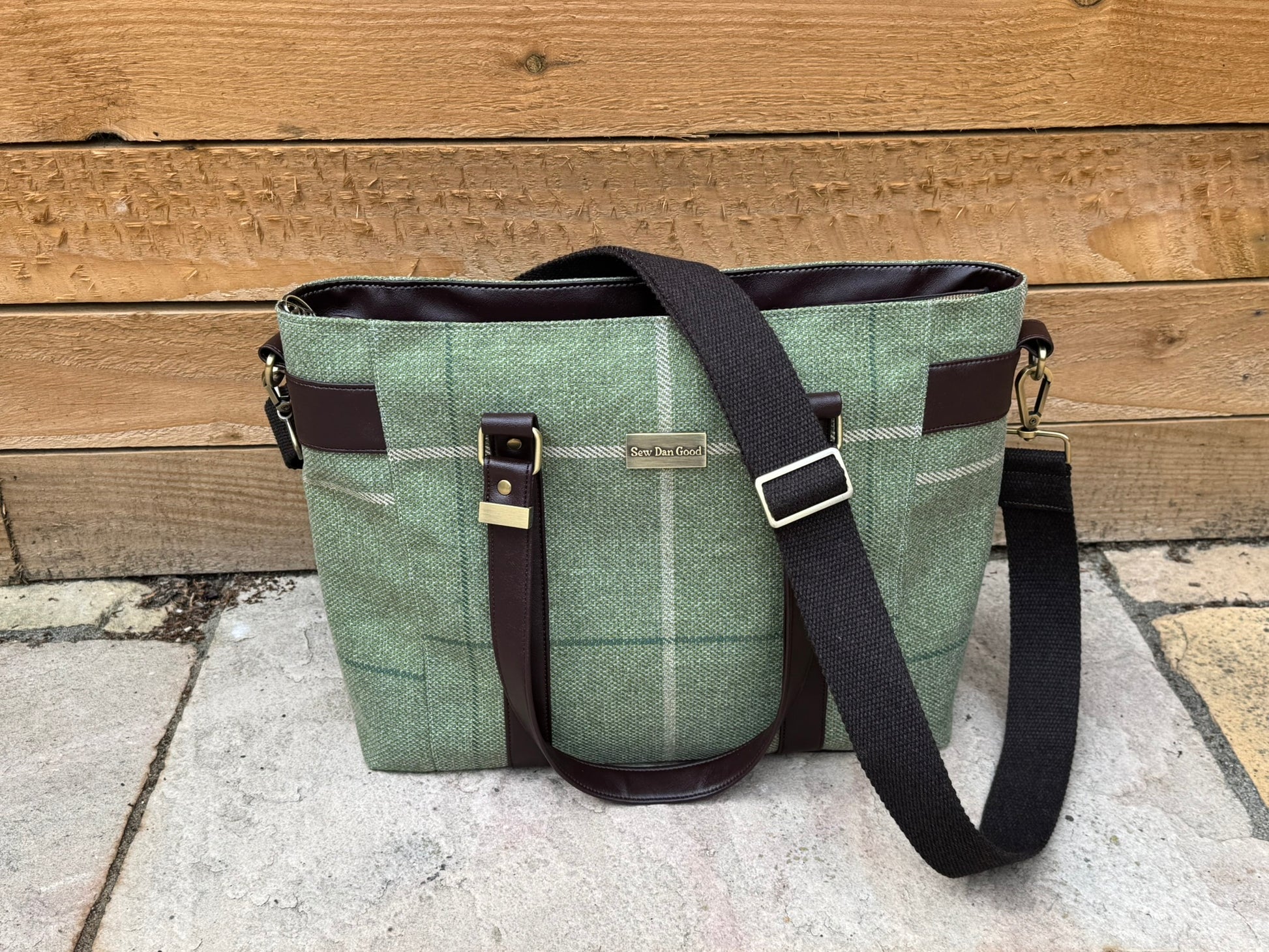 Handmade Sage Checked Tote Bag With Crossbody Strap