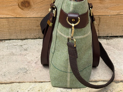 Handmade Sage Checked Tote Bag With Crossbody Strap