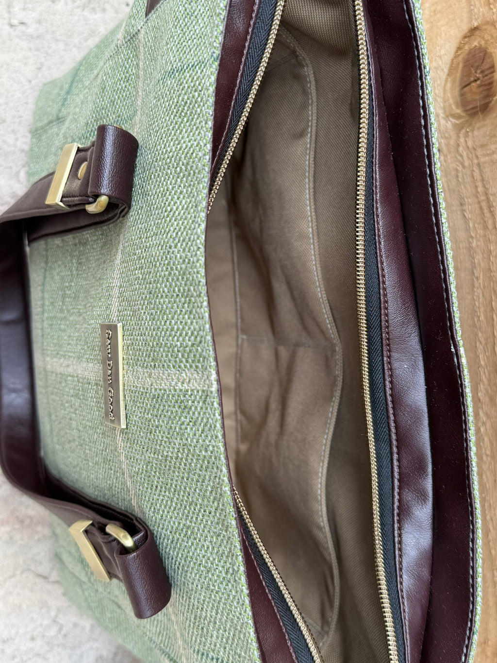 Handmade Sage Checked Tote Bag With Crossbody Strap
