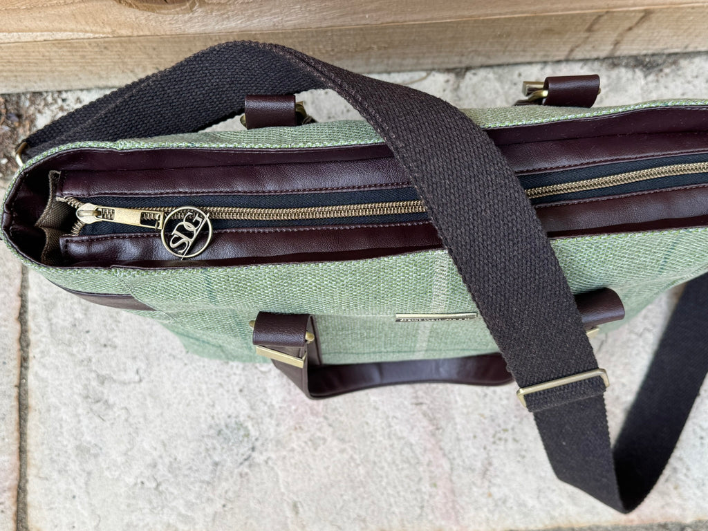 Handmade Sage Checked Tote Bag With Crossbody Strap