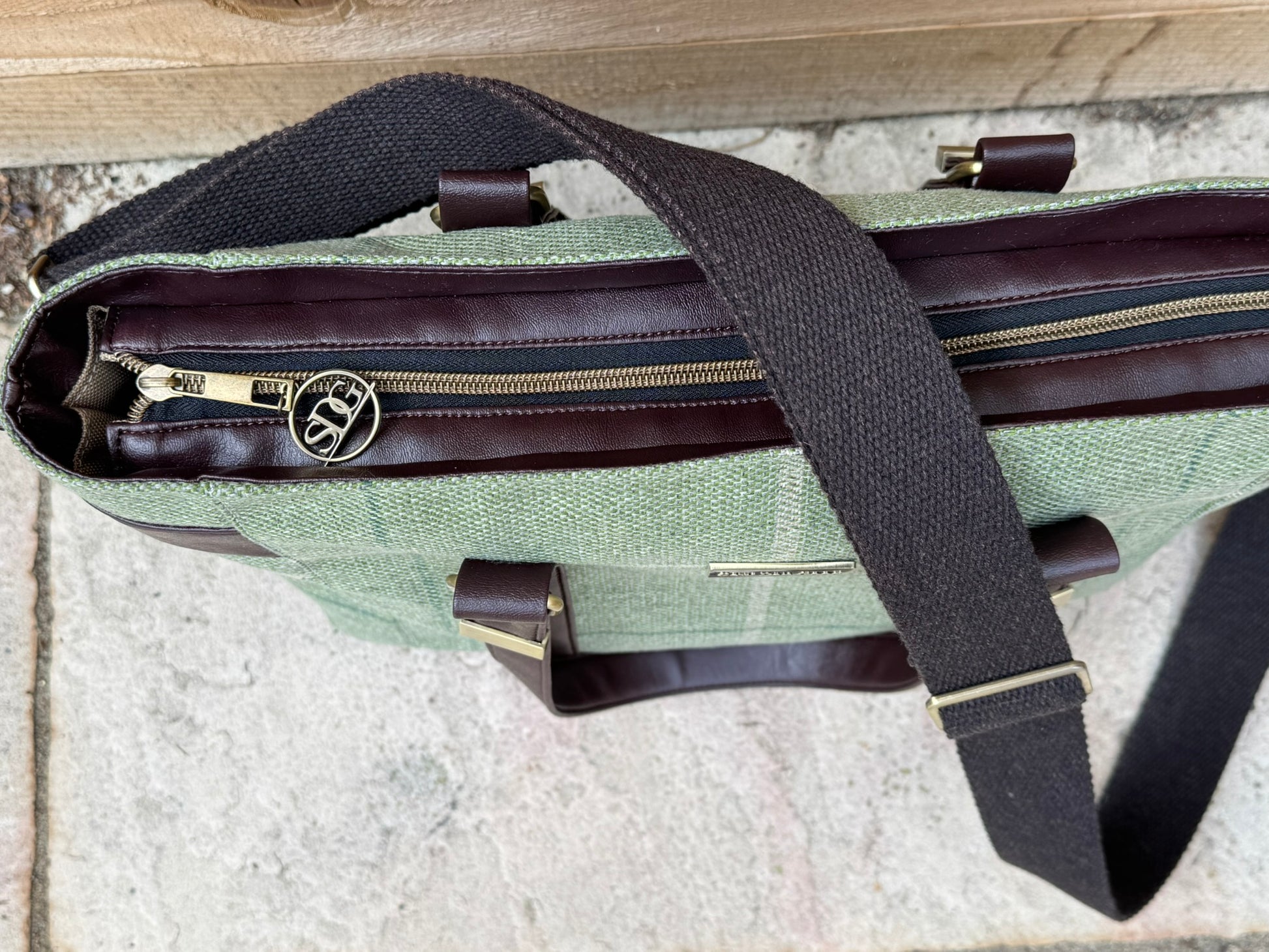 Handmade Sage Checked Tote Bag With Crossbody Strap