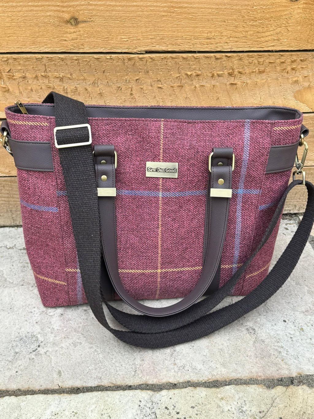 Handmade Burgundy Checked Tote Bag with Crossbody Strap