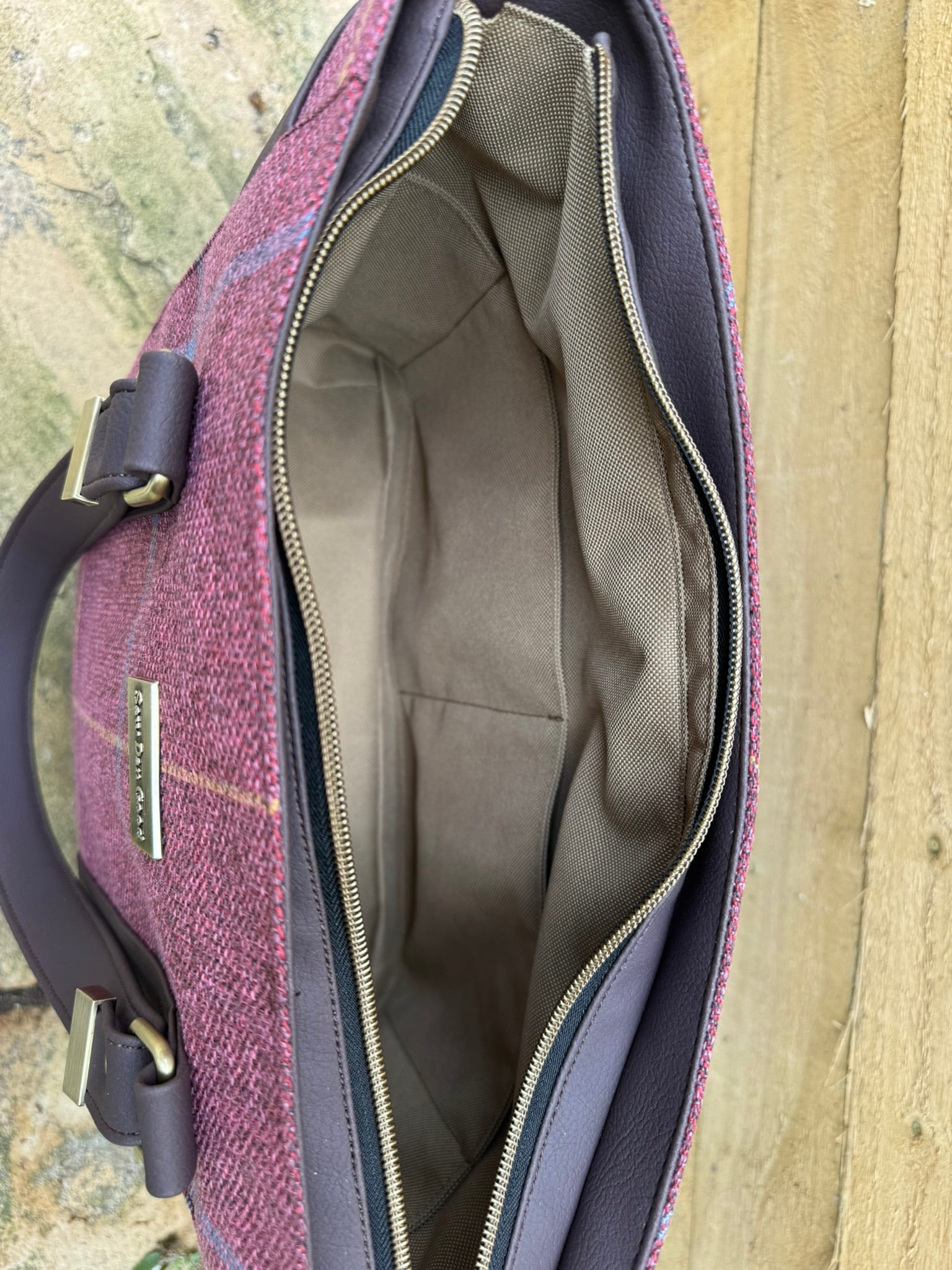 Handmade Burgundy Checked Tote Bag with Crossbody Strap