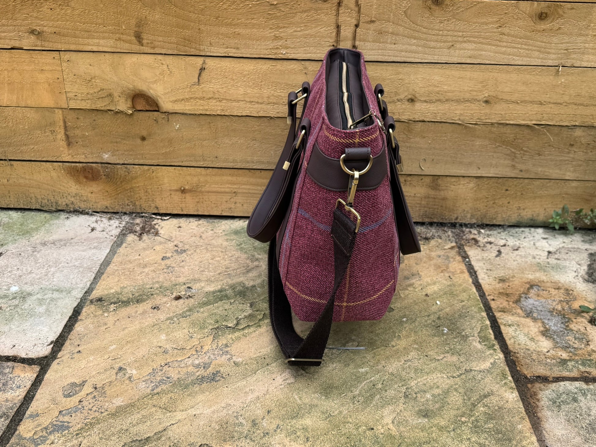 Handmade Burgundy Checked Tote Bag with Crossbody Strap