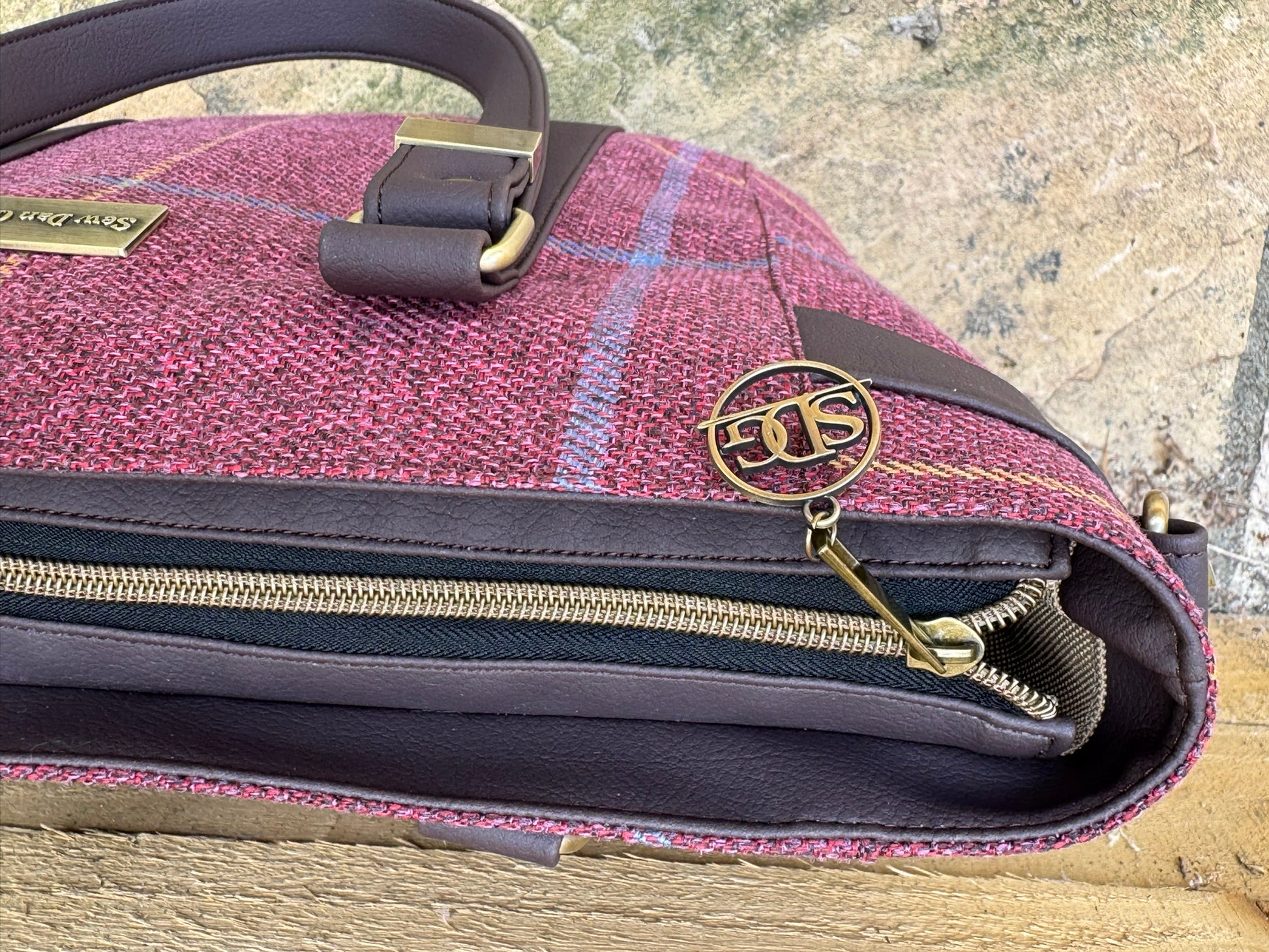 Handmade Burgundy Checked Tote Bag with Crossbody Strap
