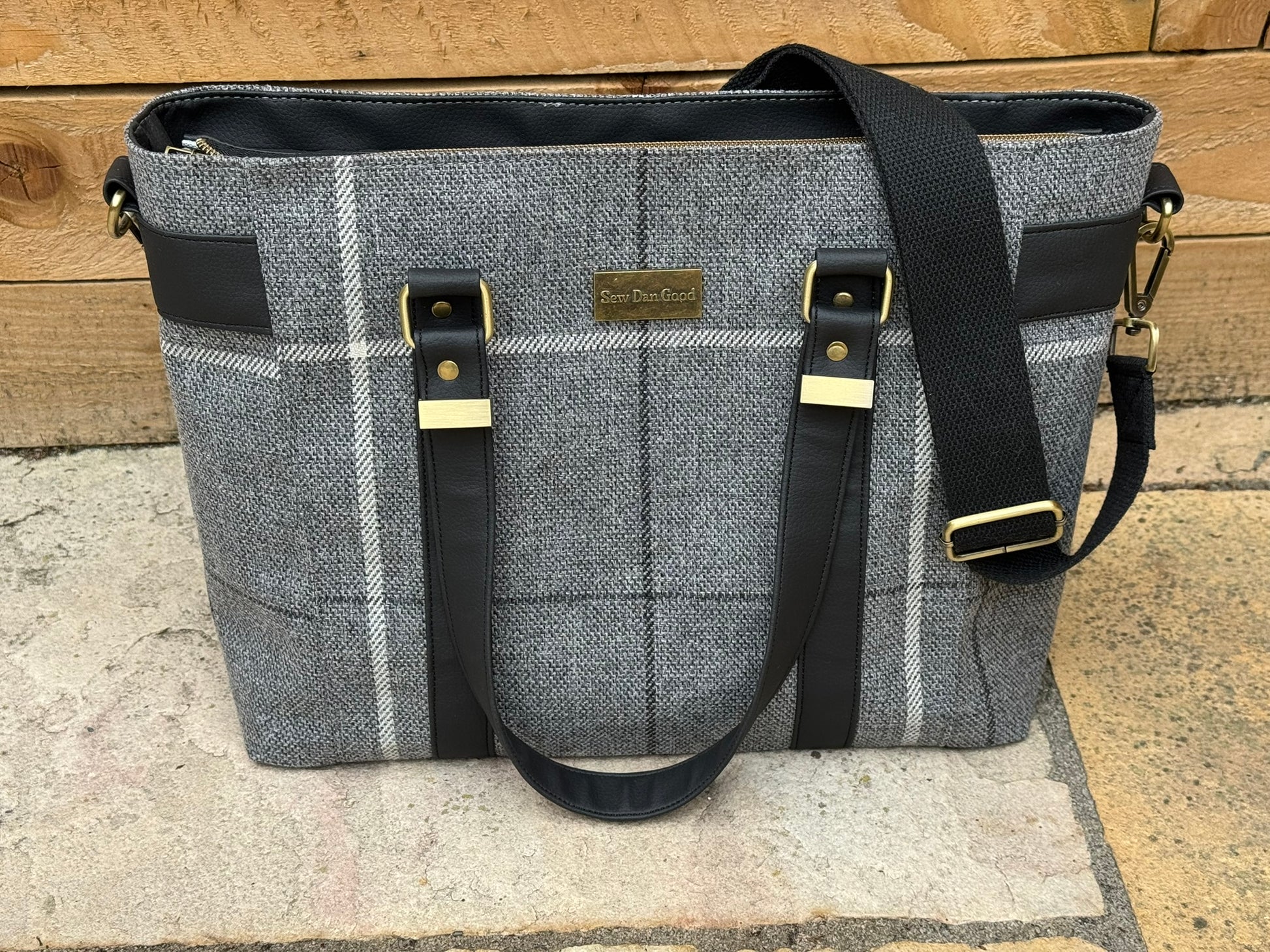 Handmade Grey Checked Tote Bag with Crossbody Strap