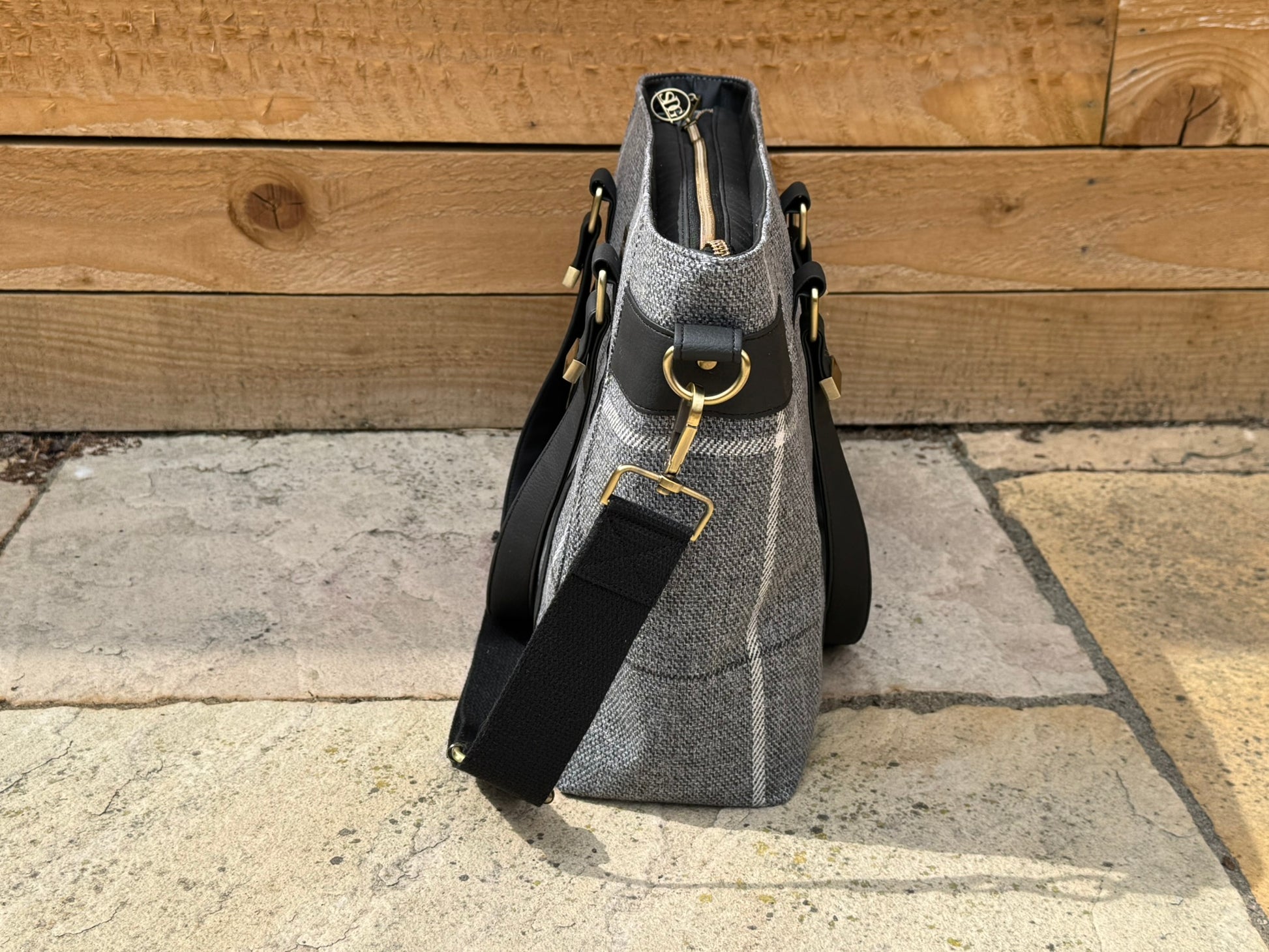 Handmade Grey Checked Tote Bag with Crossbody Strap